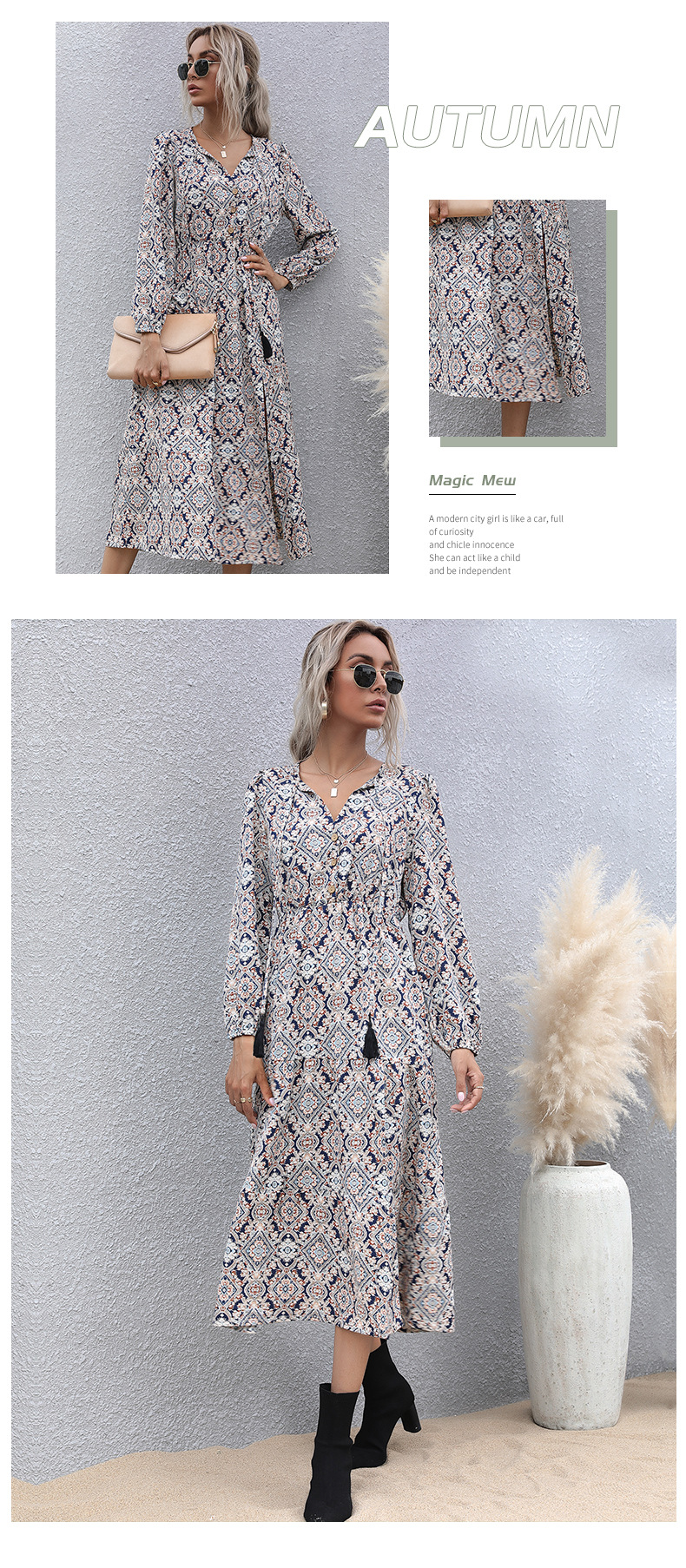 mid-length print v-neck long-sleeved hem dress nihaostyles clothing wholesale NSYYF88567