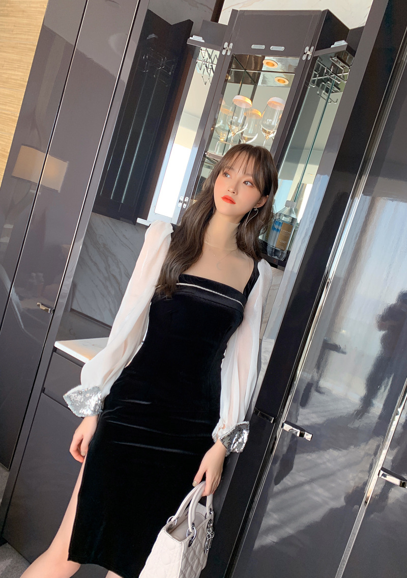 Váy nhung nữ cổ vuông ôm body xẻ tà phong cách Hepburn — Màu đen chi tiết 23