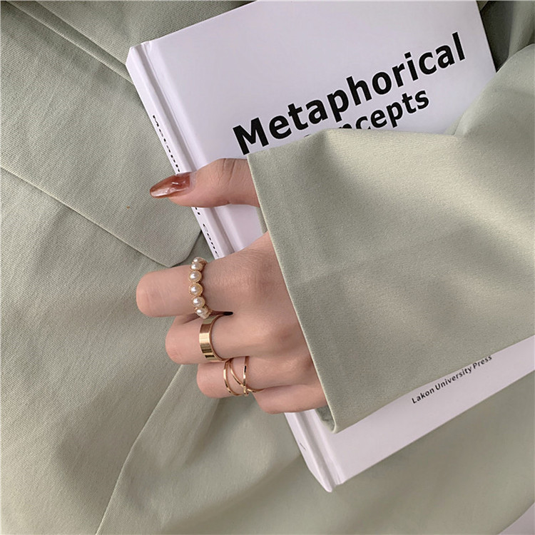 珍珠几何戒指3件套