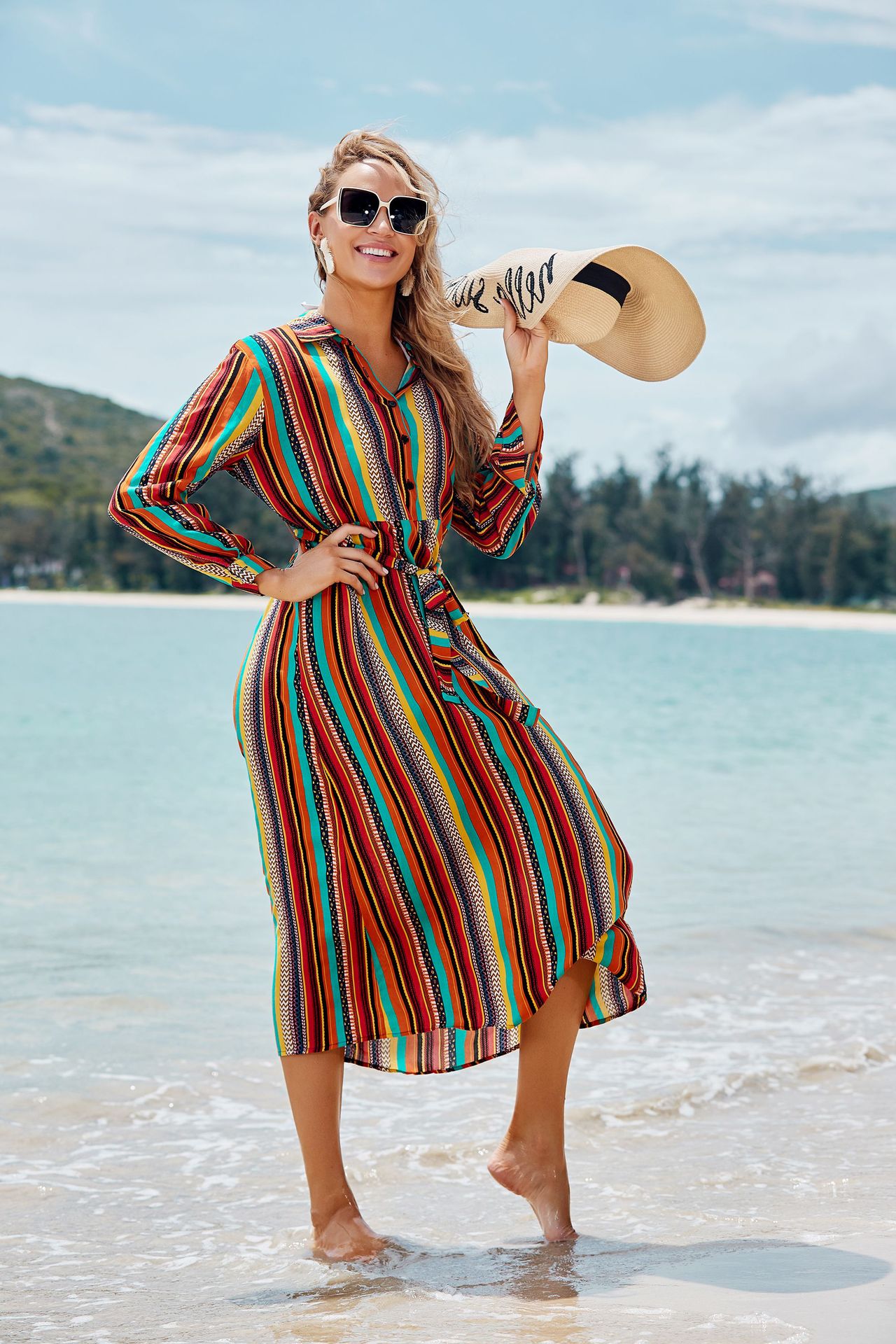 Nouvelle rayonne couleur rayure ceinture robe longue plage jupe vacances crme solaire bikini chemisier maillot de bain en gros nihaojewelrypicture12