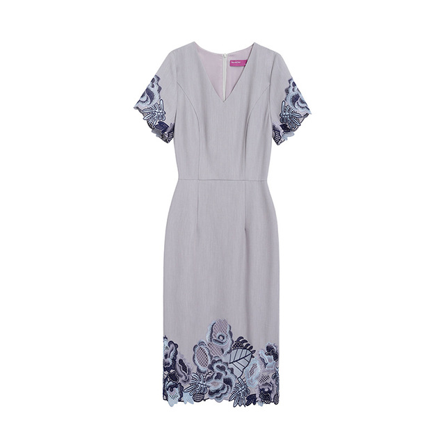Light mature Wind dress summer V-neck embroidery gray short sleeve commuter temperament knee high skirt