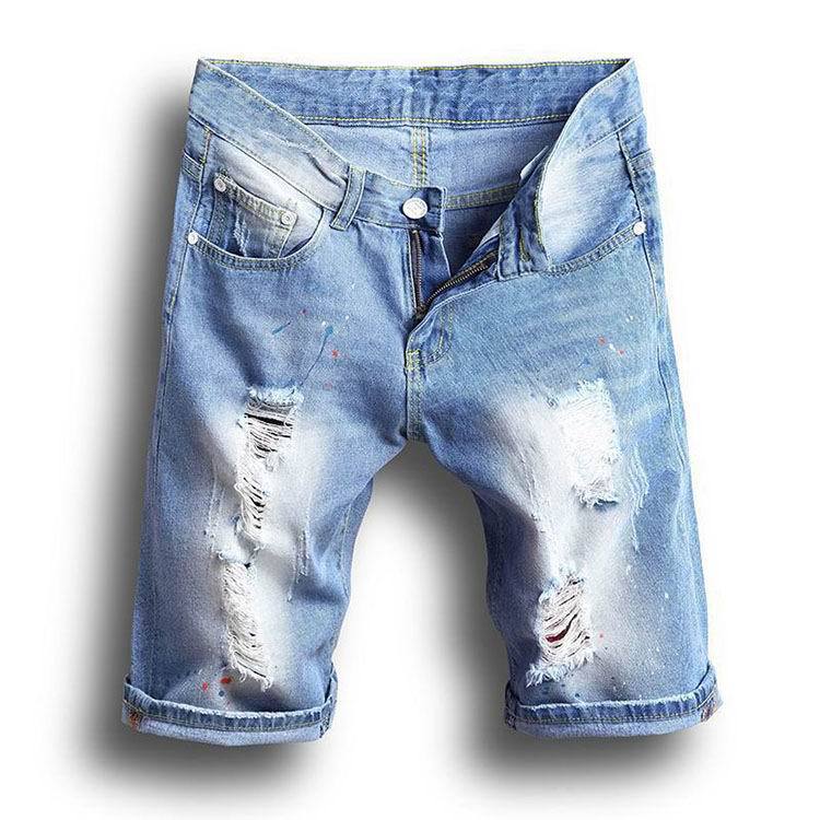 trendy men's clothing ,Summer torn denim shorts, five piece slim fitting straight leg pants_voghion.com
