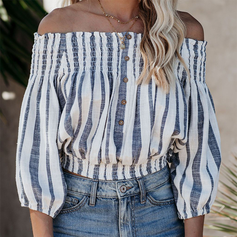 button off-shoulder lantern sleeve striped shirt  NSKL24607