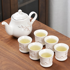Carved gold-plated plum blossom vase tea set, white porcelain, complete set, simple household tea pot and cups, ceramic Gongfu tea set for shipment