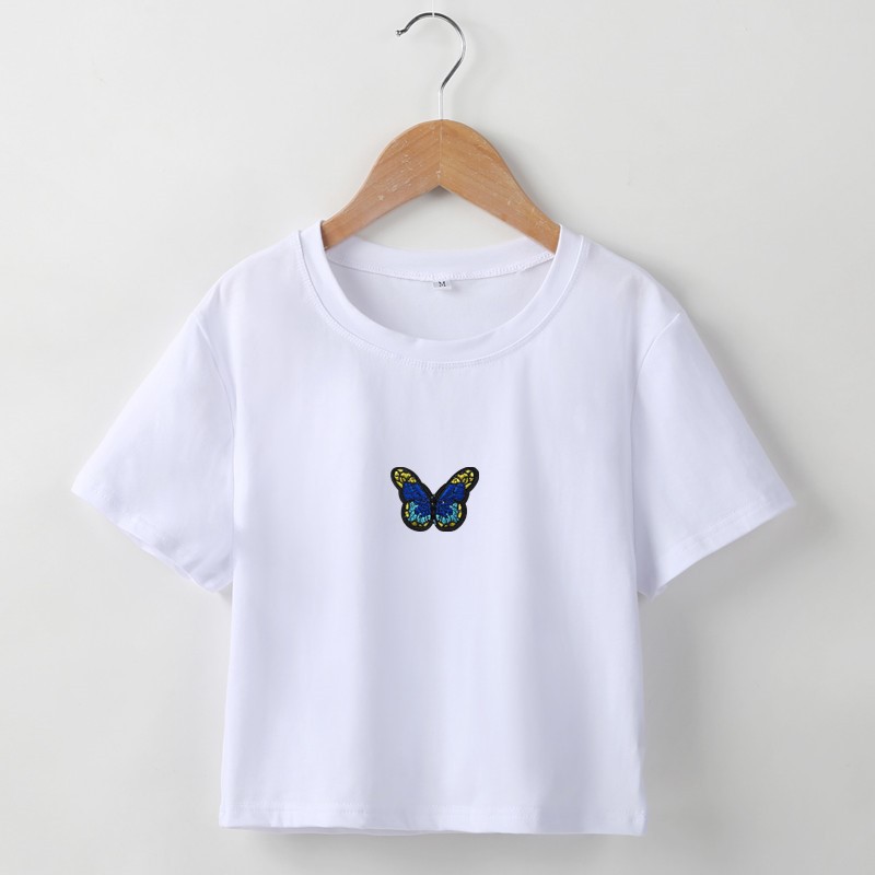 Butterfly Embroidered Short-Sleeved Cropped Top NSOSY111513