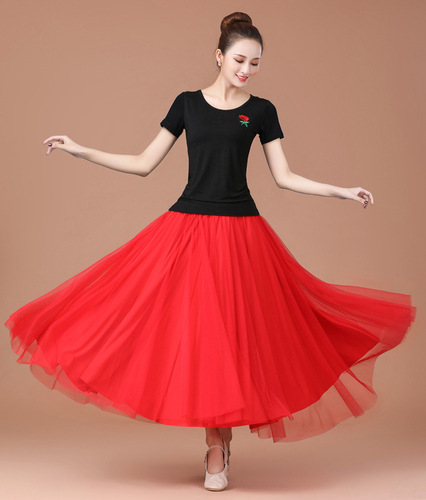 Women's Square Dance Costume Set, Net Sheer Long Dress Dance Wear, Long Sleeve Practice Suit, Performance Costume