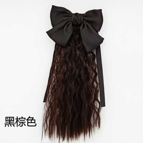 Child's Ponytail False Hair for Girls, Medium-Long Wavy Hair with Bow, False Hair with Ponytail Net, Celebrity Style Band Ponytail with Corn Waves
