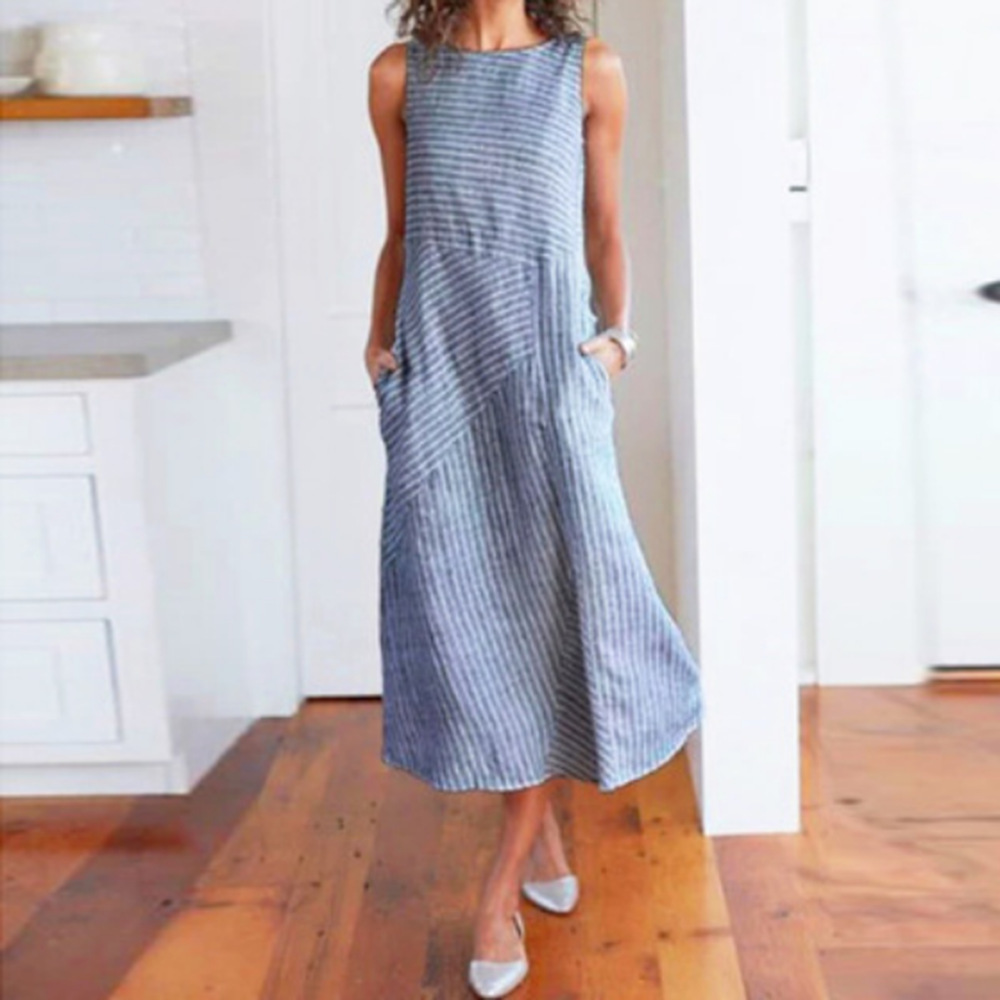 Women's Straight Skirt Casual Round Neck Printing Pocket Sleeveless Stripe Solid Color Midi Dress Daily display picture 2