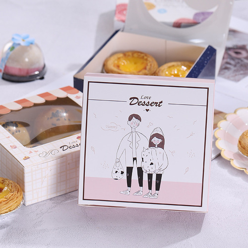 Thickened white cardboard square 4 egg tart packaging box with color printing egg yolk shortbread cookie dessert box with transparent window