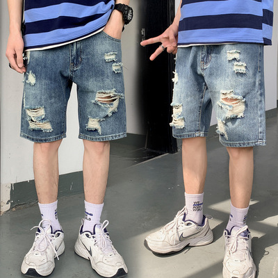 2020新款夏季个性破洞牛仔裤短裤男士潮流宽松休闲乞丐版五分裤子