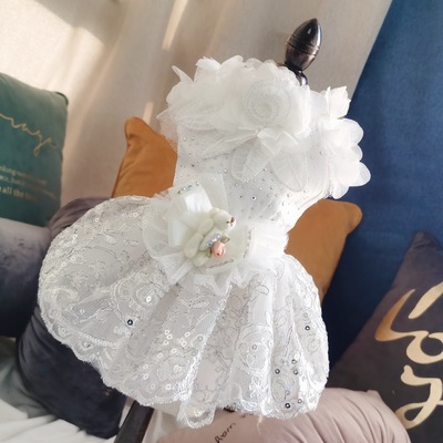 White paillette lace Wedding  Dress for dog cat tutu skirt evening birthday party formal dresses for dog lace dog bear white gauze princess dress skirt