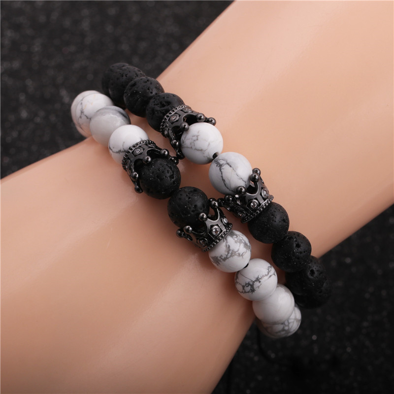 Pulsera Trenzada Con Corona De Piedra Volcánica De Pino Blanco display picture 12