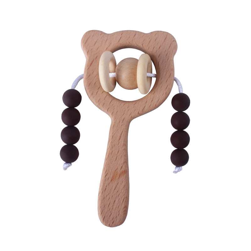 Nuevo DIY de dibujos animados de haya mano palo juguete teether marrón oso sonajero juguete infantil teether palo