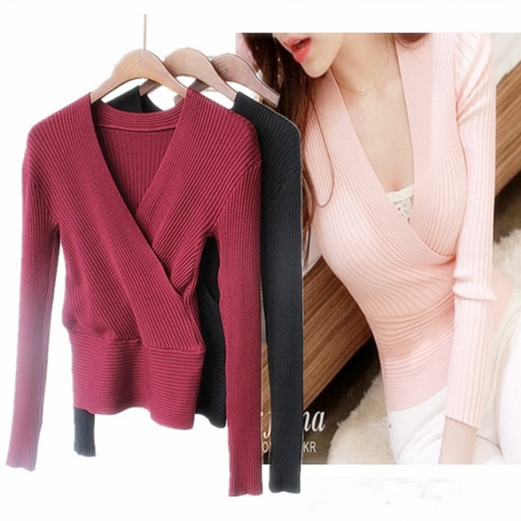 Low-Cut Sexy Cross V Neck Knitwear Korean Style Slim Long-Sleeved High-Waisted Knitwear Women's Bottoming Short Top Spring Wholesale