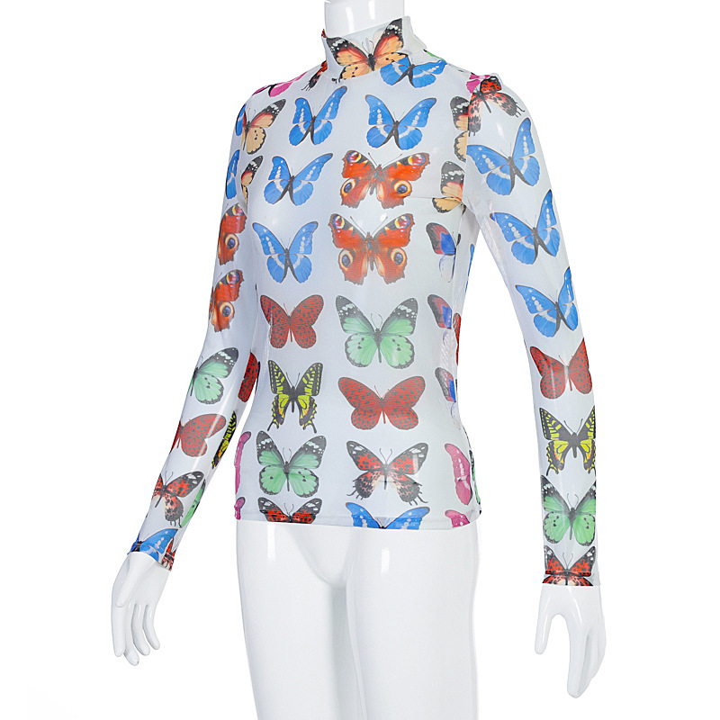 S-L Women Sexy Long Sleeve Butterfly Print Casual Club Perspective Mesh Top | eBay