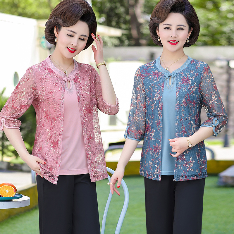 妈妈洋气T恤女夏中年薄款蕾丝小衫中老年女夏装假两件套时尚套装|ru