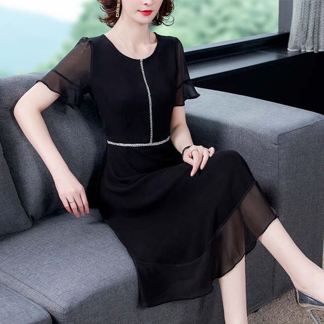 Belly covering chiffon dress women’s thin temperament long skirt