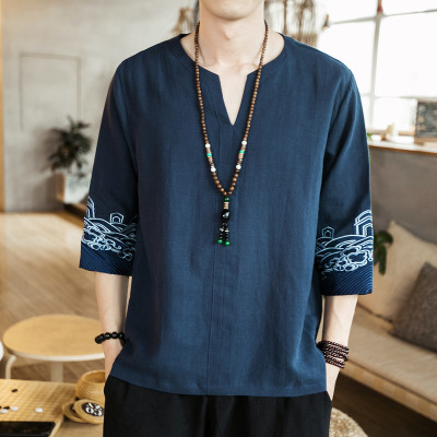 National retro cuffs printed seven cotton hemp t-shirt men Kimono Yukata Top