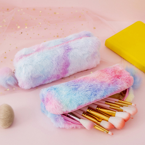 Korean style creative pencil box gradient color cute girl plush octagonal pencil bag girl heart student simple storage bag