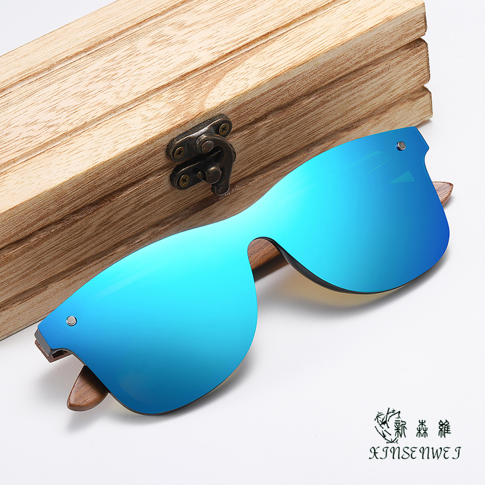跨境专供 竹木眼镜 新款风面一体镜高档偏光木质炫彩太阳镜