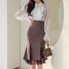 Ruffled chiffon shirt stitching lace split buttock skirt set for women