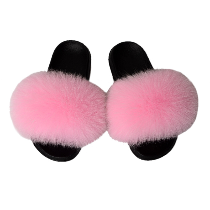 Zapatillas de piel de zorro al por mayor de comercio exterior, prendas de vestir exteriores de verano para mujer, sandalias de lana de una línea con parte inferior plana, zapatillas de felpa de colores mezclados_voghion.com