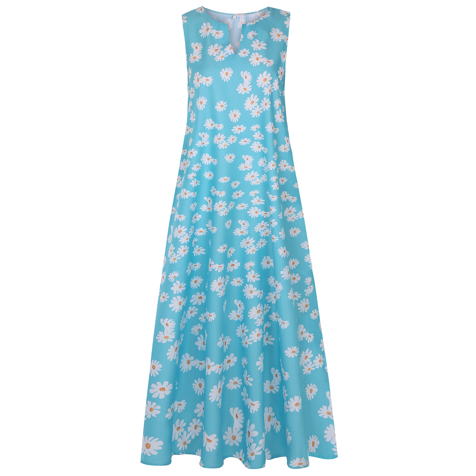 Amazon wise hot summer 2020 new daisy print half open collar A-line dress sleeveless long skirt