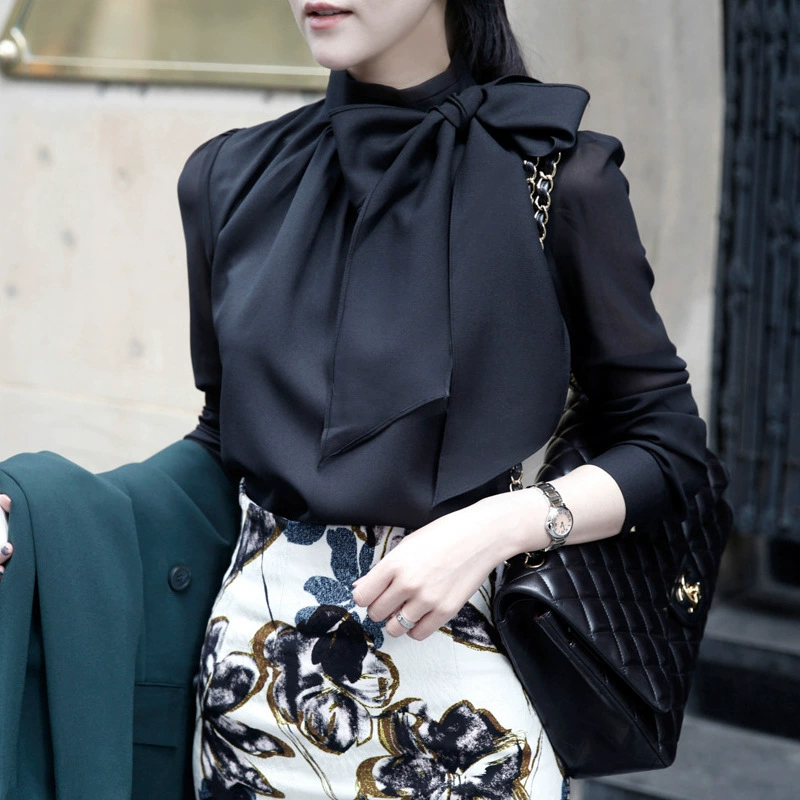 Шифоновая рубашка женская с длинным рукавом, осень-зима 2024, новый корейский стиль, свободная и универсальная, с бантом, женские топы