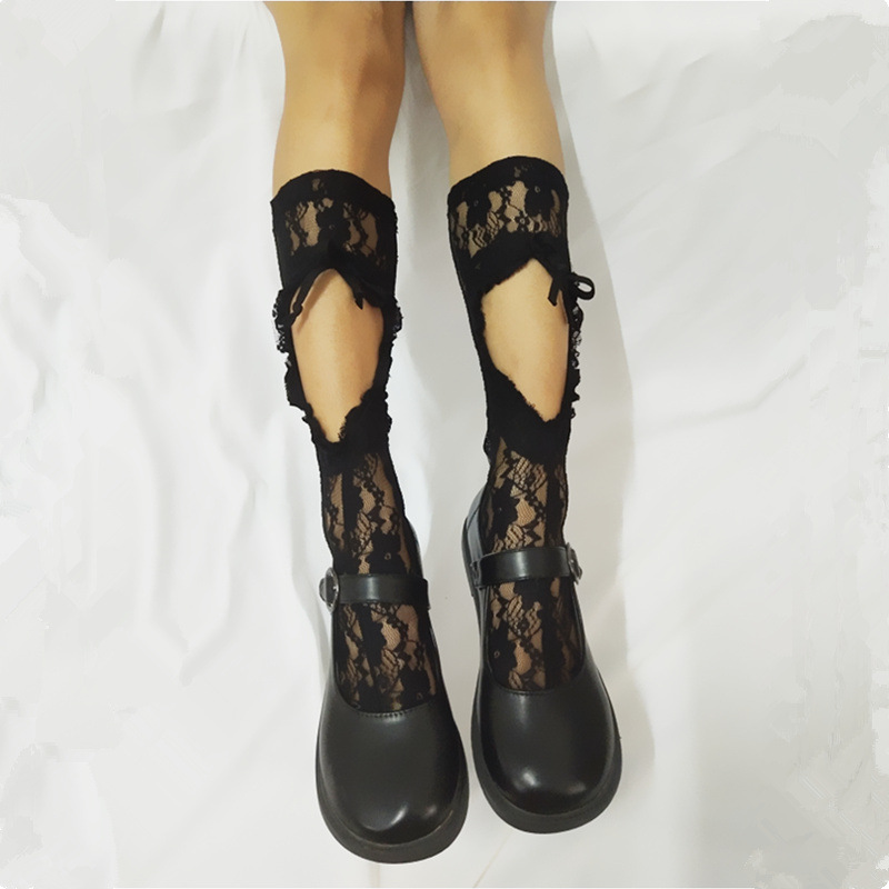 新款川久日系绑带蕾丝黑色小腿袜抽带心形白色中长筒袜堆堆袜厂家