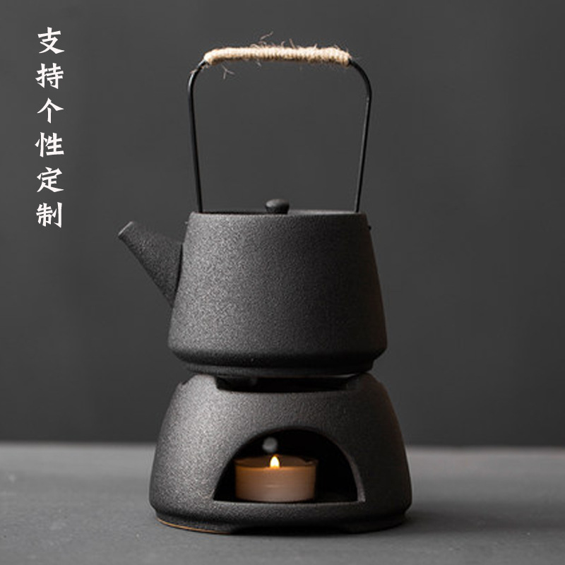 Japanese style stoneware hand-made Beam Pot Tea Set suit warm tea stove base Zen style black ceramic teapot heating insulation