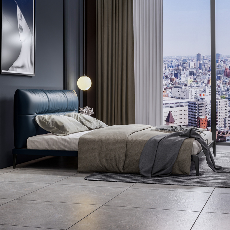 Cama de Cuero Genuino Yihai Xuan, Muebles de Dormitorio, Estructura de Hierro de 1.5 Metros, Cama de Cuero de Primera Calidad, Estilo Minimalista Italiano