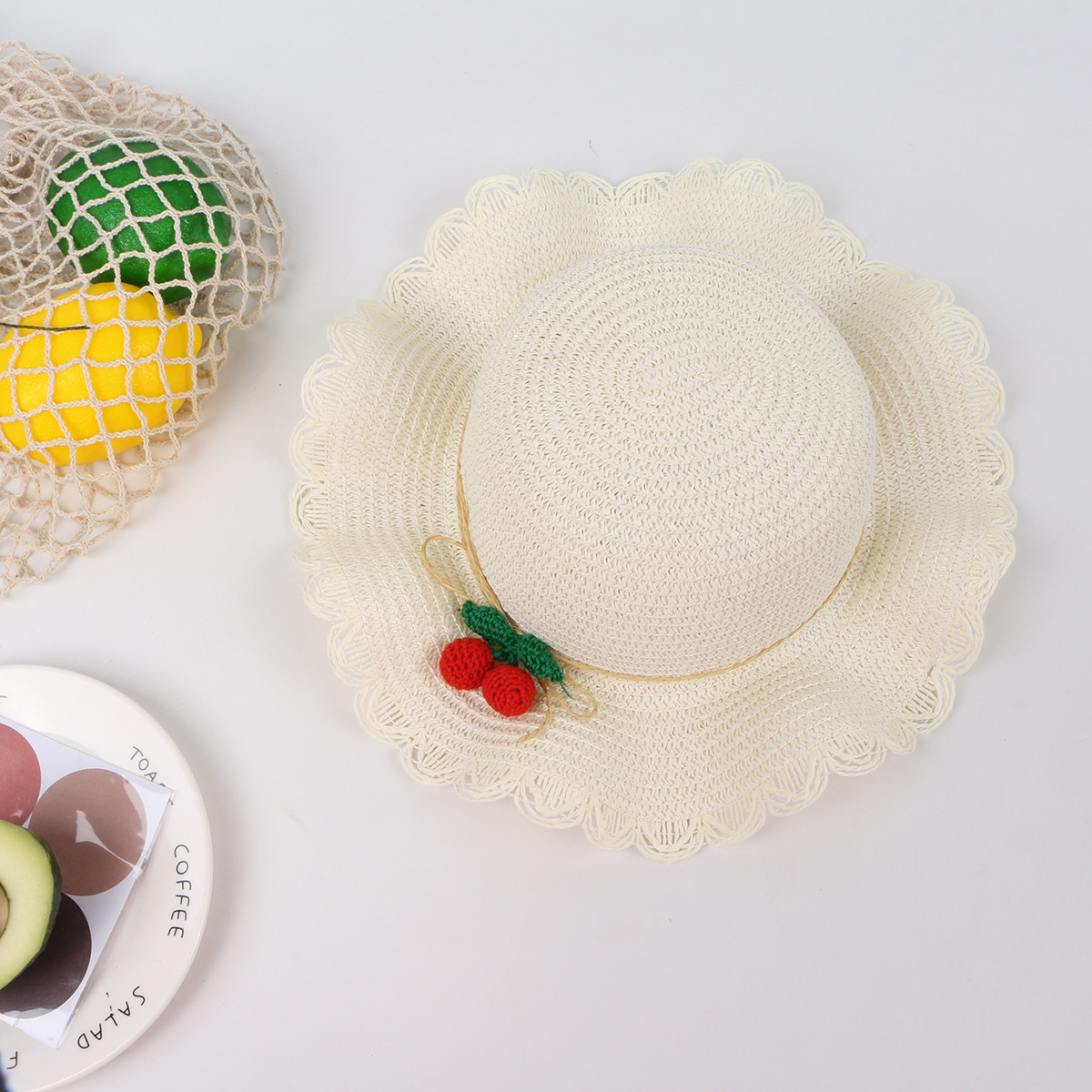 Cherry Lace Wave Straw Hat Bag Set Children&#39;s Sun Hat Summer New Outdoor Sun Hat display picture 3