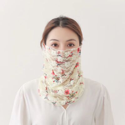 多功能挂耳式圍巾蕾絲口罩壹體薄款彈力透氣遮陽防曬護頸面罩絲巾