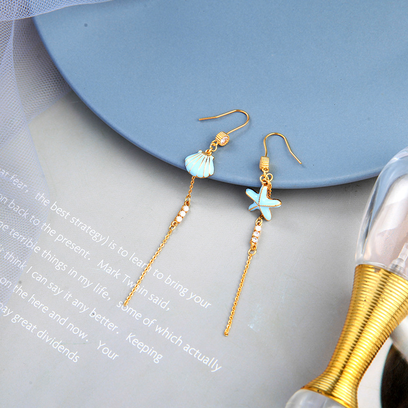 Starfish Shell Asymmetric Long Tassel Earrings display picture 4