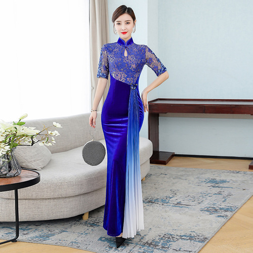 Royal blue Cheongsam young style noble Chinese style chinese dresses velvet autumn cheongsam lady ancient cheongsam