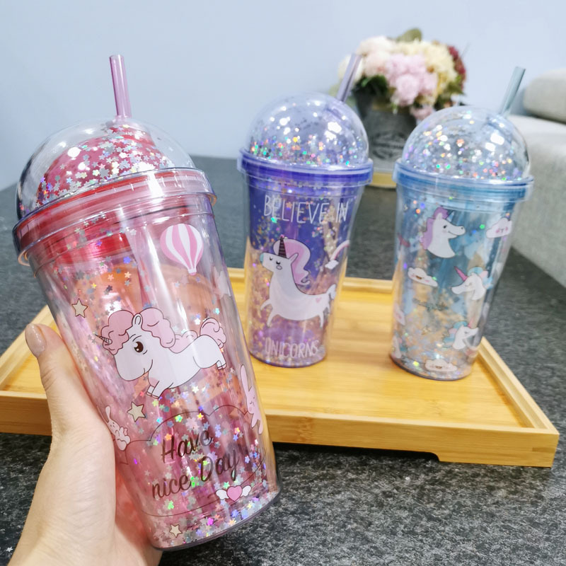 Taza de agua directa de fábrica patrón personalizado unicornio taza ins chica corazón doble capa taza de paja de plástico taza