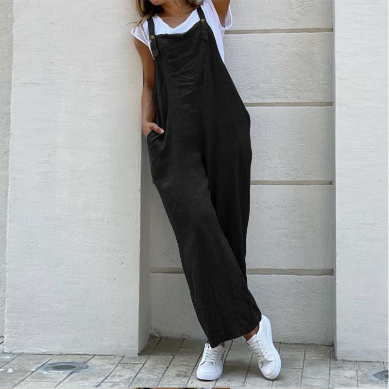 Sommer-Overall aus Baumwollleinen für Damen, modisch, ärmellos, weites Bein, Latzhose, einfarbig, langer Strampler, lässig, bequem, lässig, Playsuit_voghion.com