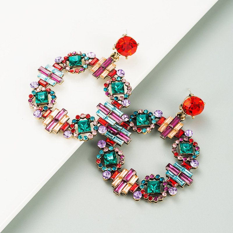 Cross-border New Arrival Creative Round Women's Earrings Alloy Inlaid Color Rhinestone European And American Retro Chinese Style Special-interest Earrings display picture 2