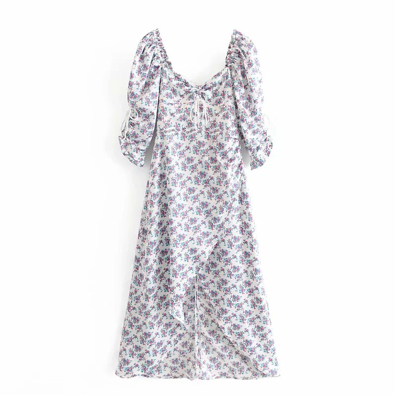 2020夏季新款欧美女装水印面料清新碎花泡泡袖法式气质连衣裙