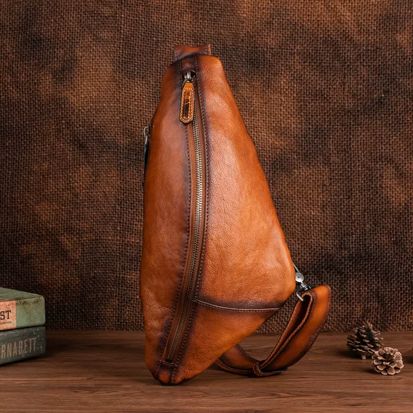 Personalized Shape Top Layer Cowhide Tree Cream Cowhide Men's Casual Crossbody Bag Chest Bag