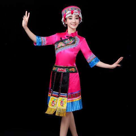 Women chinese miao hmong dance dresses red fuchsia blue Ethnic minority costumes Tu Yao Yi Zhuang costumes Miao Yun Guizhou costumes