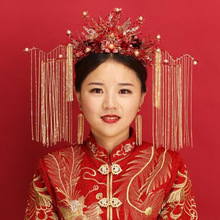 中式新娘頭飾紅色套裝禾服發飾大氣款結婚步搖流蘇敬酒服鳳冠