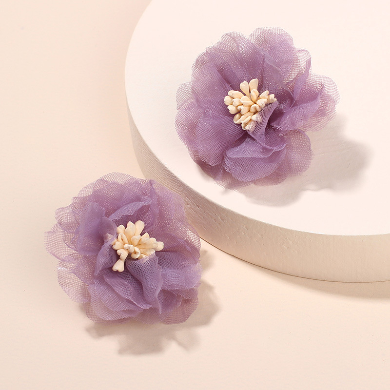 3g Weight Earrings Classification Housewarming, Anniversary, Business, Wedding, Travel, Birthday, Festival Occasion Chiffon Material Flower Pattern Women'S Gender Simple Style Style Purple, Green Color Korea Three-dimensional Mesh Chiffon Flower Retro Port Style Purple Earrings Wholesale 5