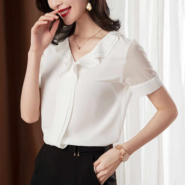 Summer white small shirt show thin Pullover fashion wave Ruffle design sense Short Sleeve Chiffon shirt woman