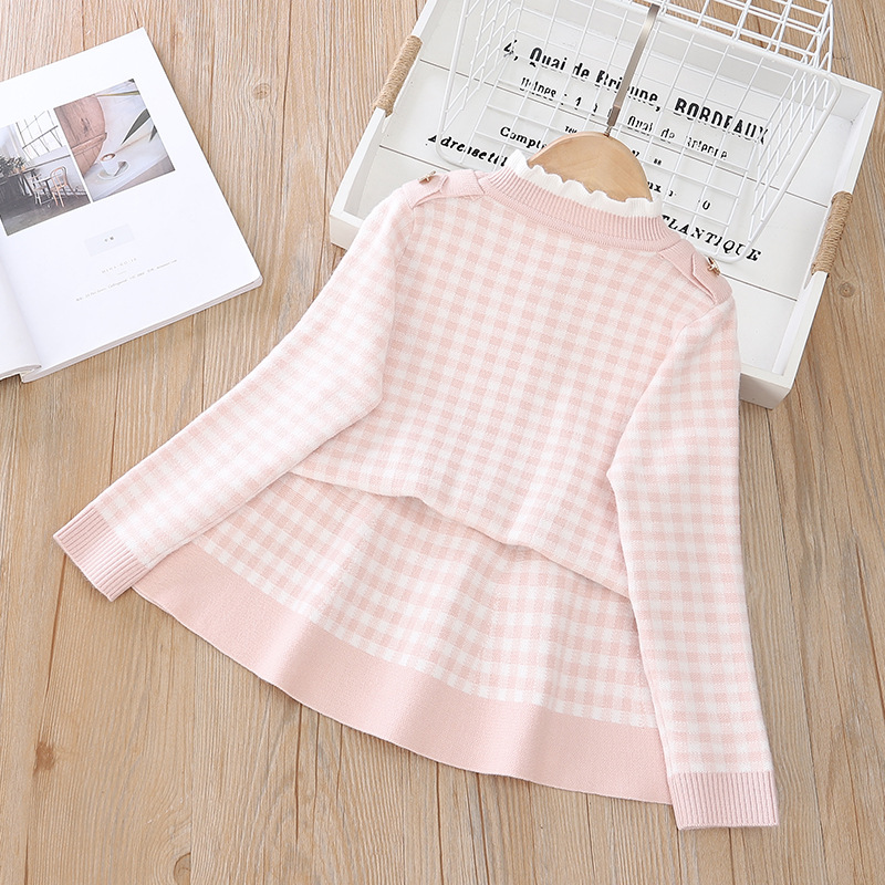 Girls' Small Fragrant Plaid 3-8 Wooden Ear Collar Knitted Cardigan Sweater Half Skirt Two piece Set_voghion.com