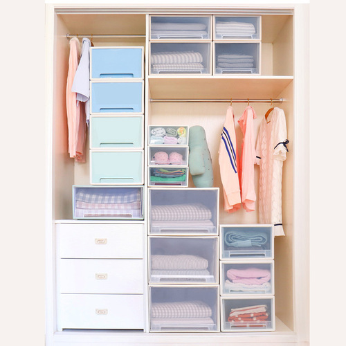 Factory direct sales thickened storage box PP plastic wardrobe stackable storage box drawer type transparent storage cabinet enlarged