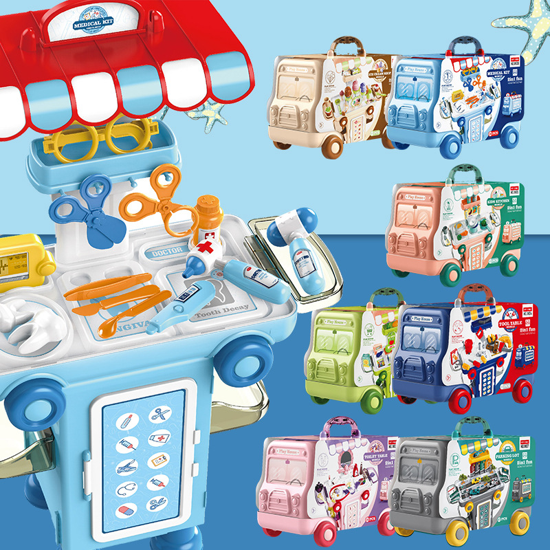 Cross-border children's simulation kitchen tableware makeup tools set supermarket candy playing house bus car doctor toy