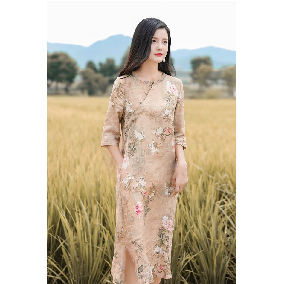 Новинка осени 2020, оригинальная Женская одежда, льняное винтажное длинное платье с пряжкой и рукавами с семью точками, приталенное платье