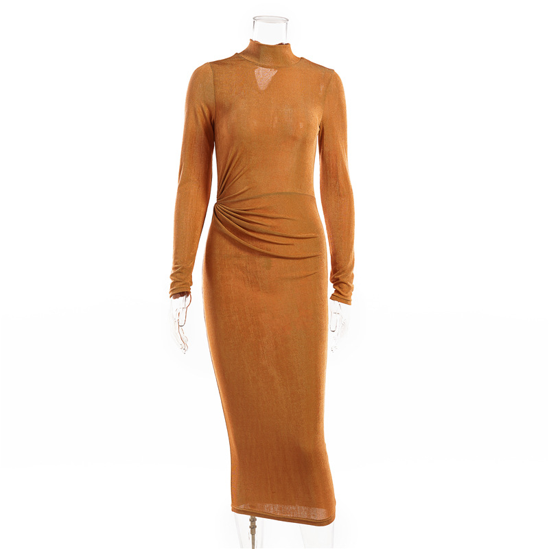 Solid Color Long Sleeve High Neck Dress NSAG4707