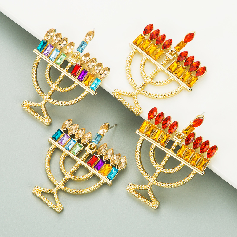 Retro Alloy Colorful Rhinestone Candle Holder Shape Earrings display picture 2